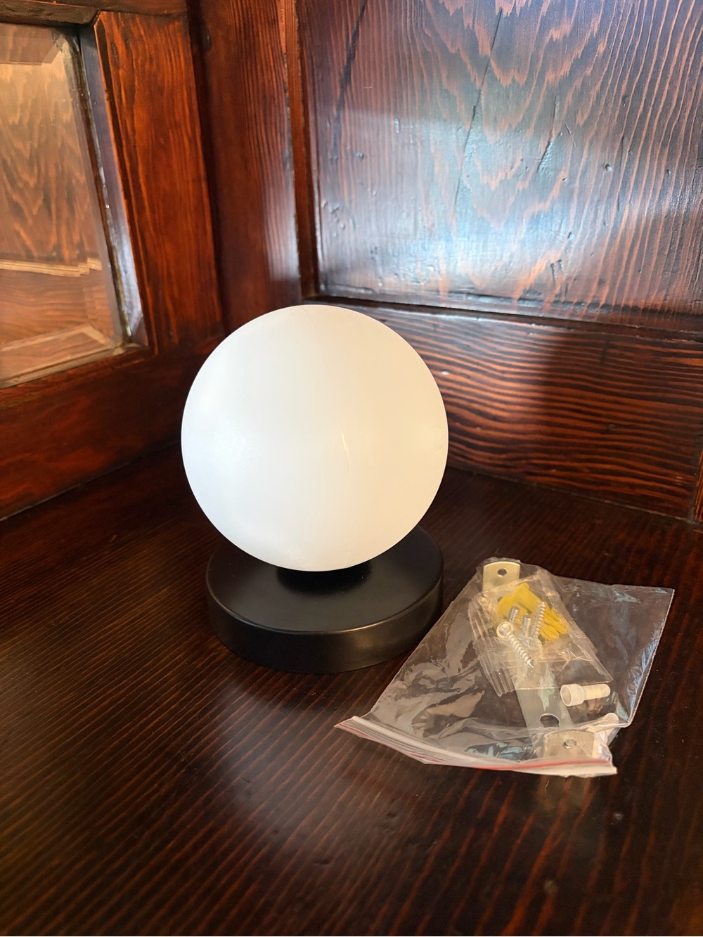 Modern Globe Light Fixture - White Plastic Frosted Globe with Black Base